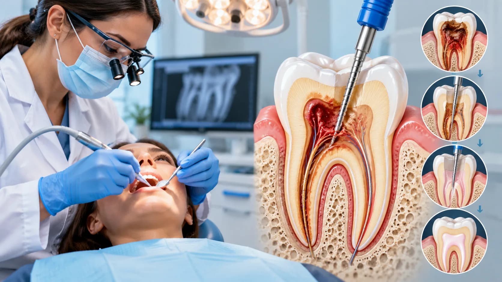 Dental tools and tooth model for root canal dentist comparison in Bareilly